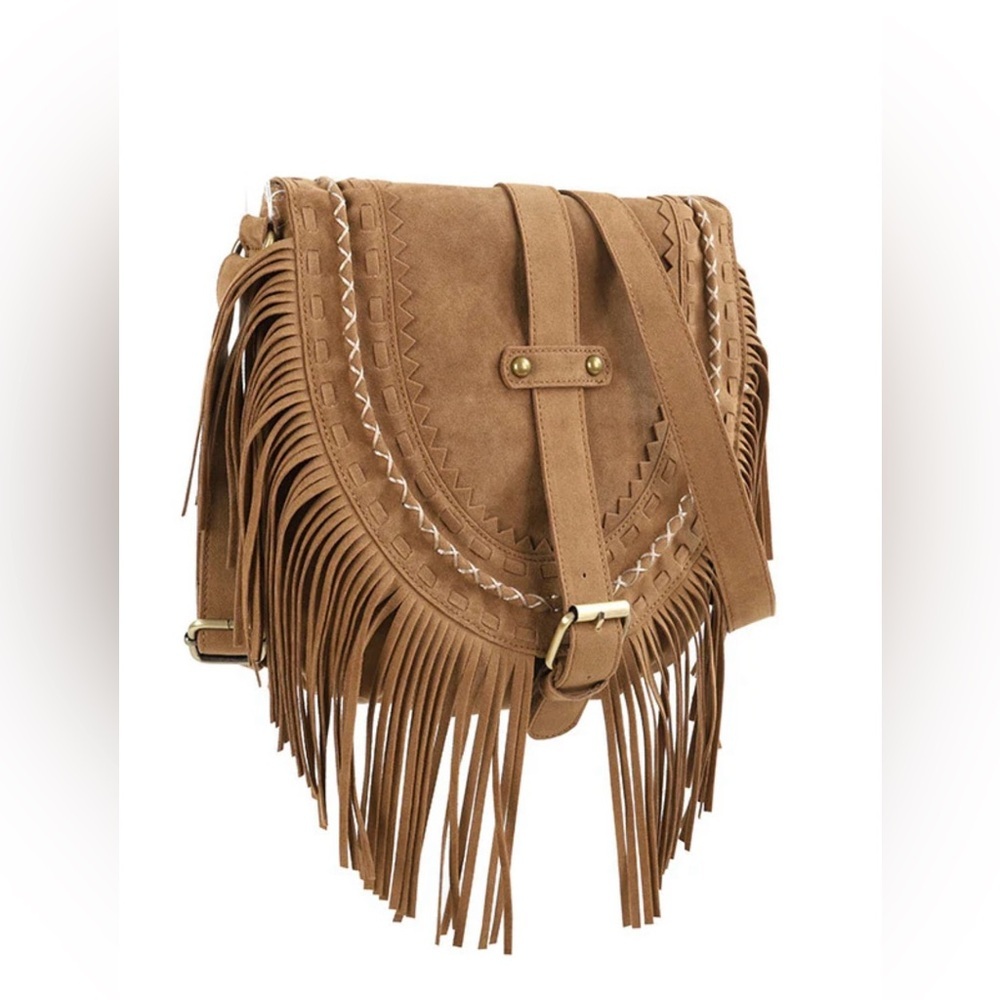 Fringe Faux Suede Bohemian Crossbody Bag - Tan